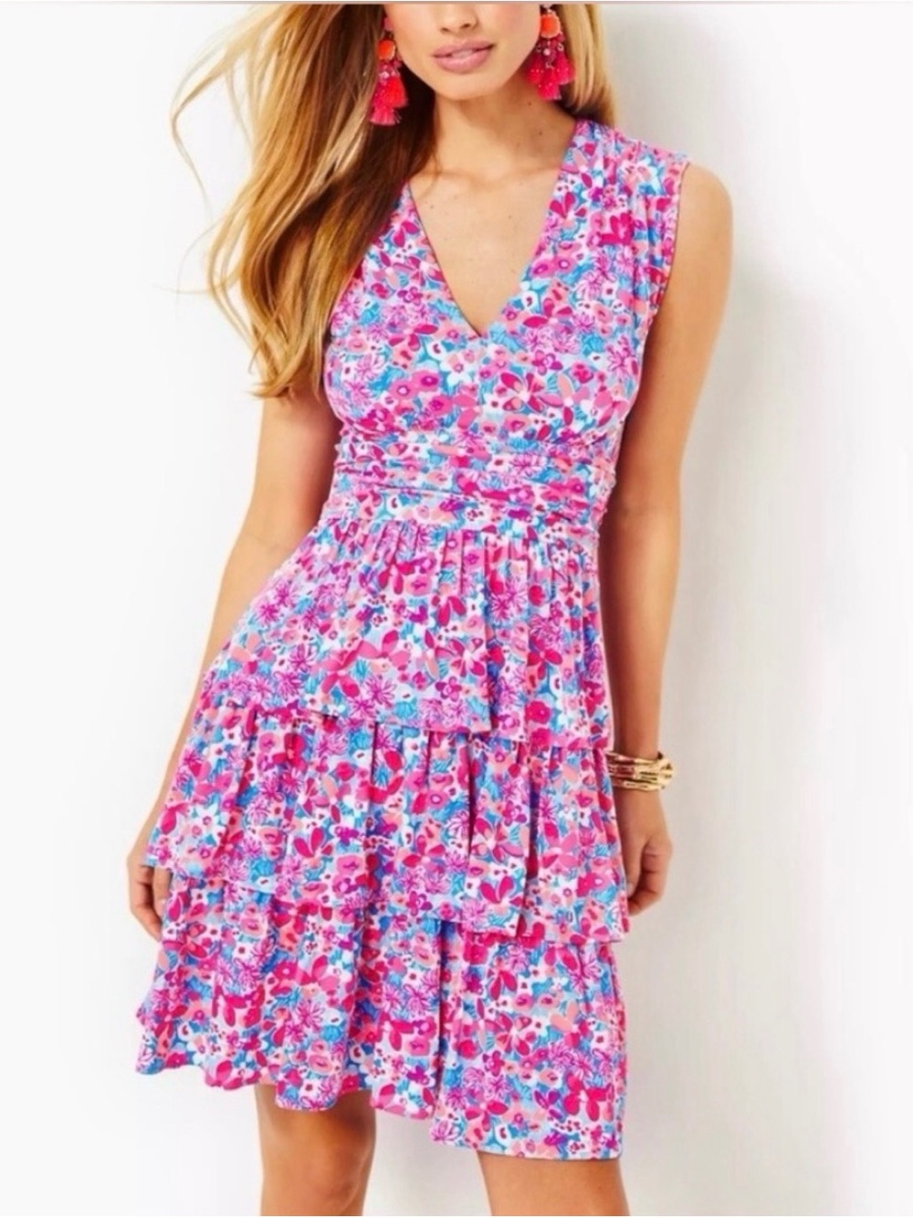 Lilly Pulitzer Pink Multicolor Floral Tiered V-Neck Midi Dress
